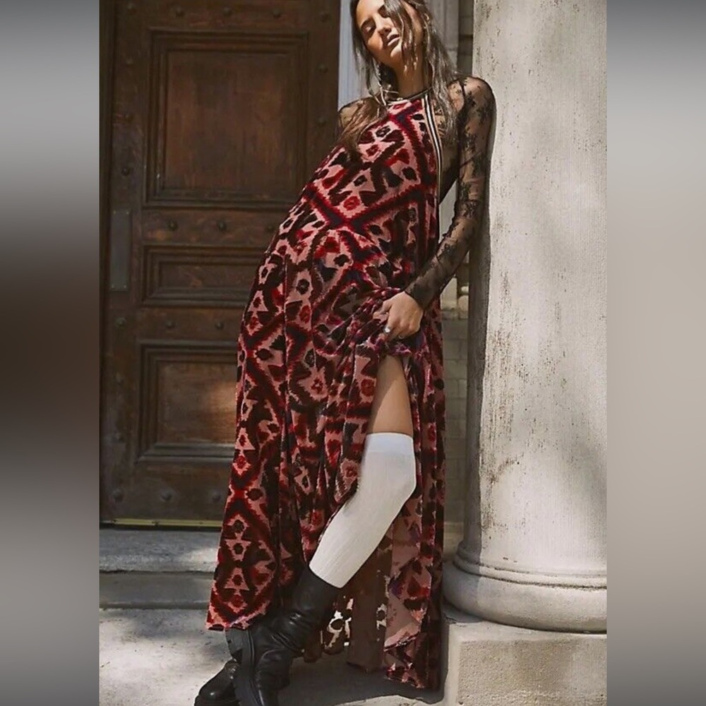 Free People Micah velvet  burnout geo Aztec Maxi Dress